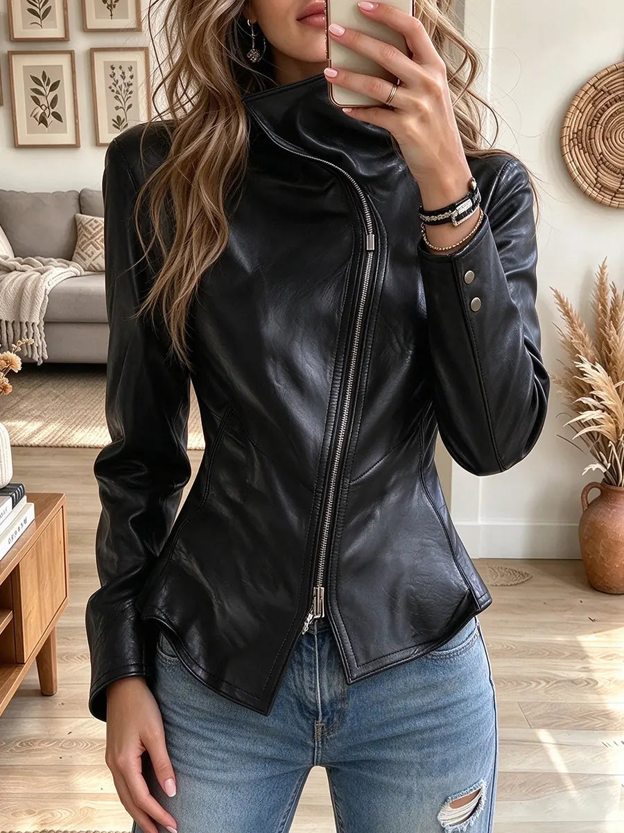 Women's Faux Leather Asymmetric Zip Biker Jacket