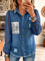 Vintage Elegant Denim Patchwork Sheer Mesh Sequins Shirt