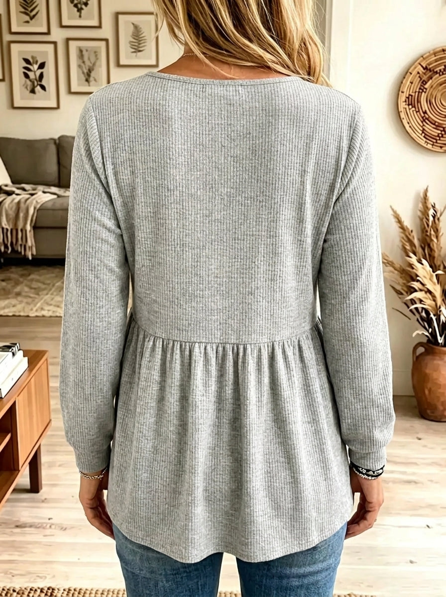 Women's Tassel Tie Babydoll Ribbed Tunic Blouse