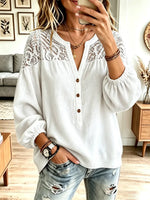 Retro Solid Color Lace Hollow Art Casual Stylish Long Sleeve Cotton Shirt