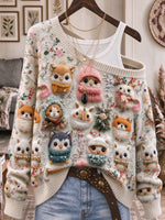Women's Christmas Seamless Print Off-shoulder Long-sleeve Loose Knit Pullover Sweater