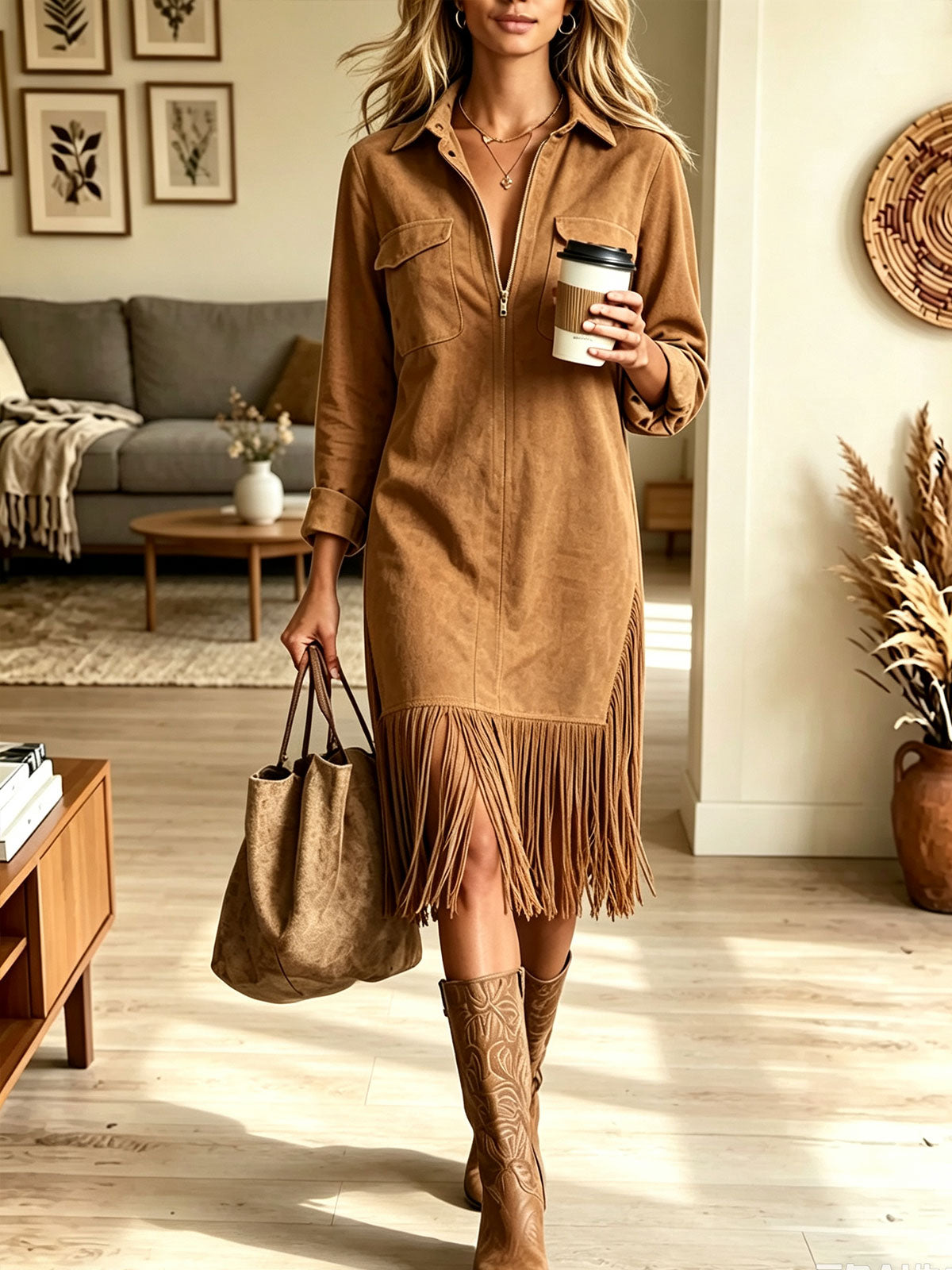 Women's Faux Suede Fringe Midi Dress, Half Zip Lapel Collar Western Cowgirl Dress