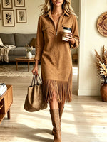 Women's Faux Suede Fringe Midi Dress, Half Zip Lapel Collar Western Cowgirl Dress