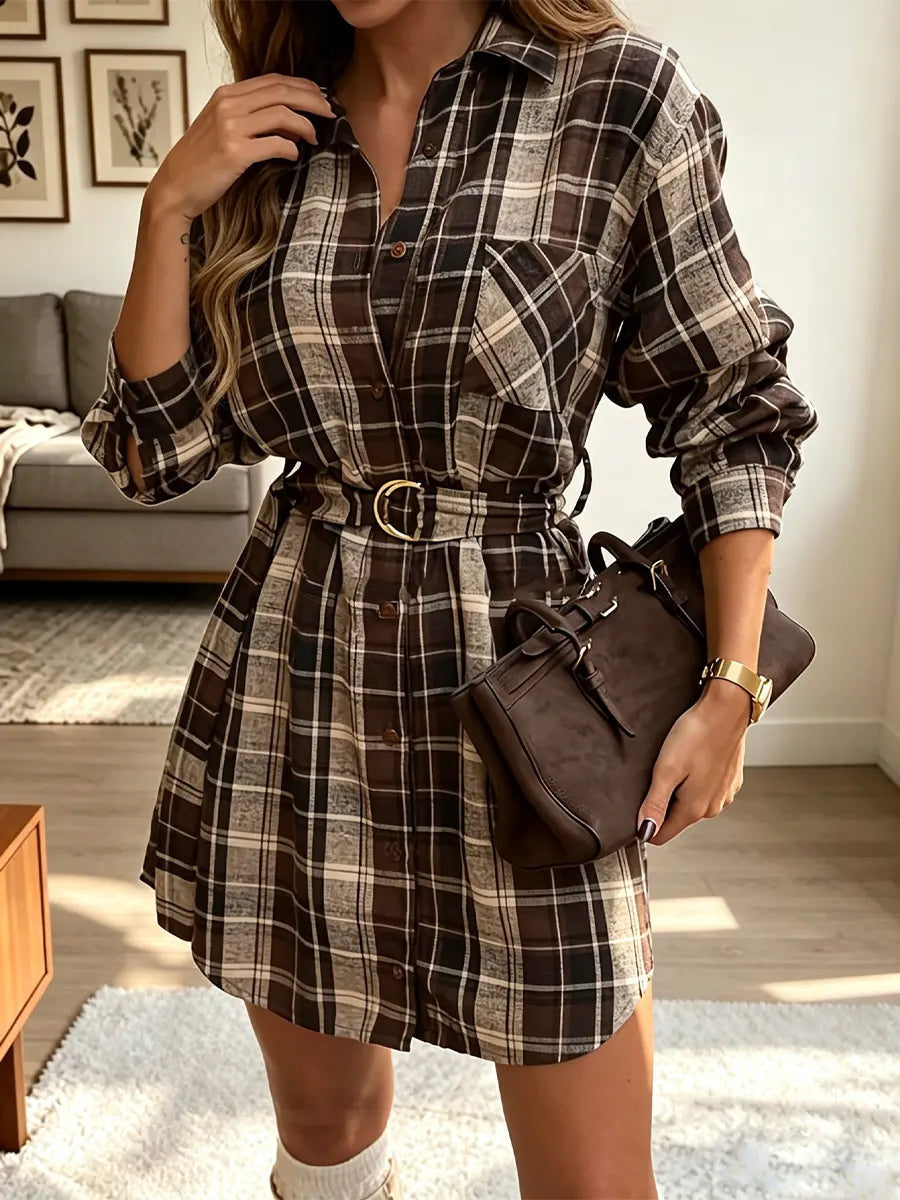 Retro Lapel Plaid Pattern Art Casual Stylish Long Sleeve Mini Dress