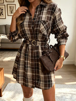 Retro Lapel Plaid Pattern Art Casual Stylish Long Sleeve Mini Dress