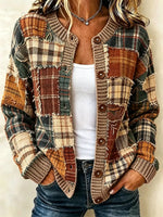 Women's Retro Autumn Patchwork Printed Knit Cardigan Top