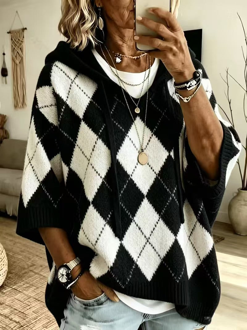 Women Argyle Diamond Pattern Hooded Half‑Sleeve Knit Sweater