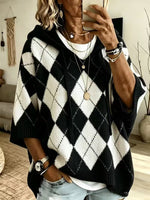 Women Argyle Diamond Pattern Hooded Half‑Sleeve Knit Sweater