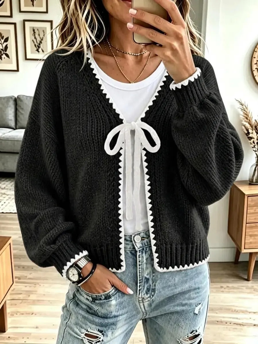 Vintage Bow Contrast Knit Art Casual Stylish Long Sleeve Cardigan Sweater