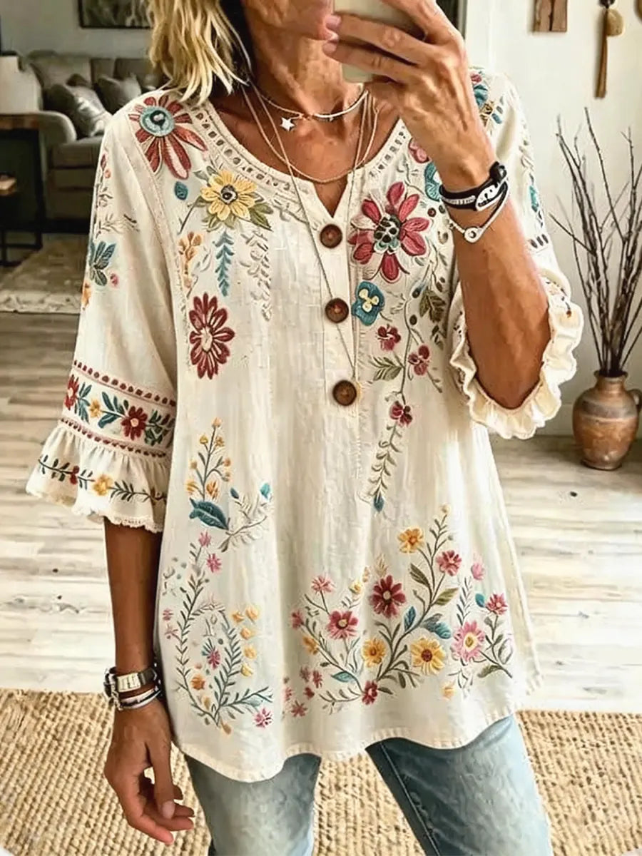 Vintage Floral Pattern Hollow Art Casual Stylish Cotton Linen Shirt