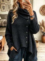 Women's Asymmetric Button Cowl Neck Ribbed Sweater