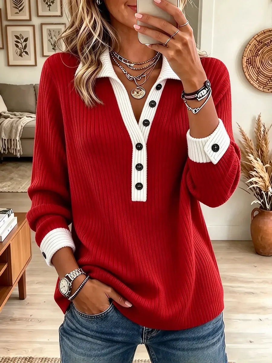 Women's Color Block Collared Ribbed Knit Top