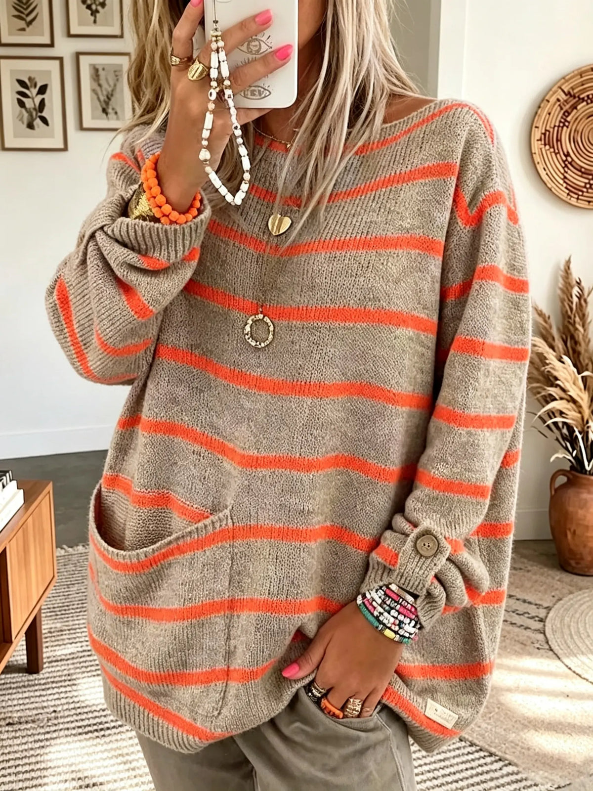 Women's Striped Knit Oversized Pocket Sweater
