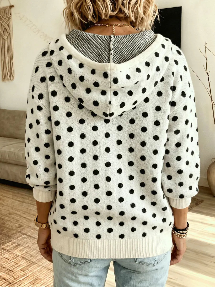 Vintage Polka Dot Hooded Knitted Zip Art Casual Stylish Long Sleeve Sweater Coat