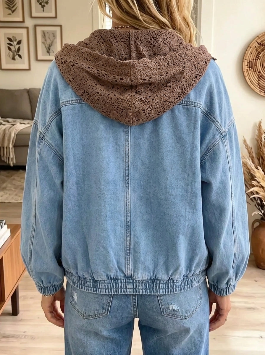 Women's Crochet Lace Trim Hooded Denim Bomber Jacket