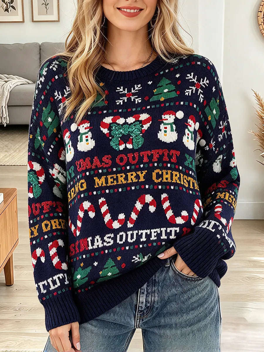 Vintage Elegant Sequin Christmas Tree Knit Sweater