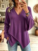 Women's Asymmetrical Hem Waffle Knit V-Neck Top