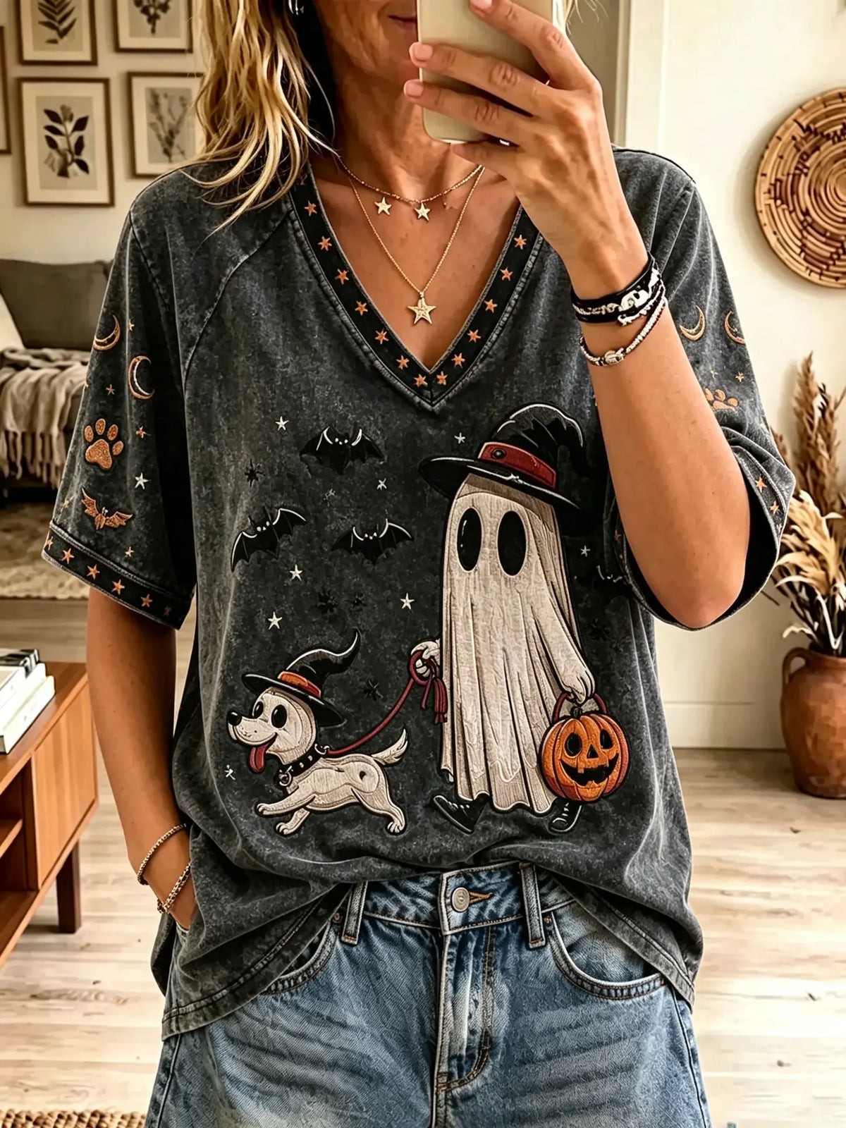 Women's Ghost Walking Dog Graphic Mineral Wash T-Shirt