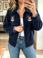 Women Navy Corduroy Zip Jacket With Cute Character Embroidery