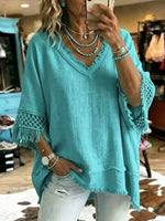 Retro Fringe Hollow Art Casual Stylish 3/4 Sleeve Cotton Linen Shirt