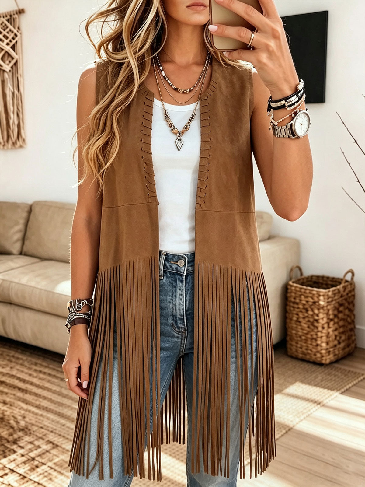 Women Western Suede Sleeveless Open Front Long Fringe Vest