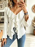 Women's Ruffled Tie-Front Ribbed Knit Cardigan