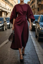 Women Elegant Red Batwing Sleeve Belted Midi Dress