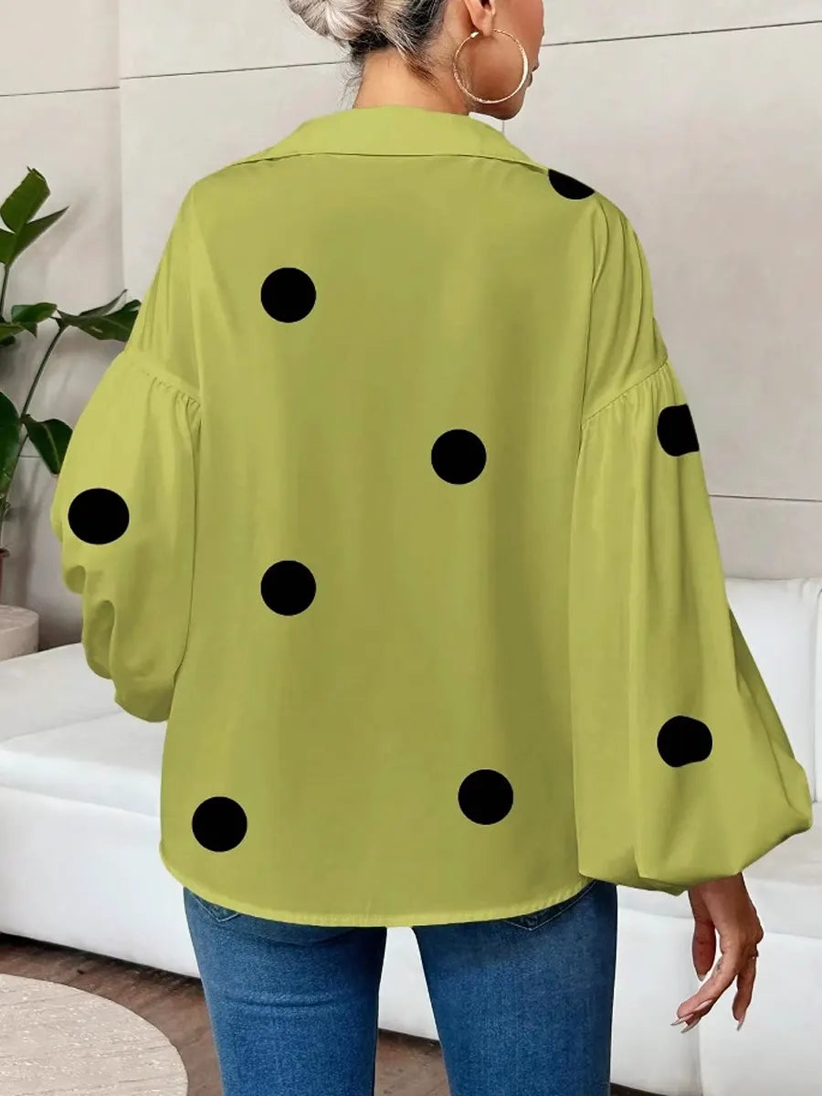Retro Polka Dot Elegant Balloon Sleeves Art Casual Stylish Lapel Cotton Shirt