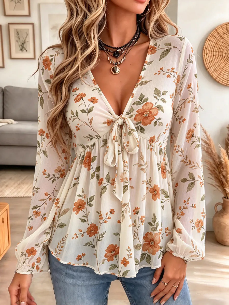 Retro Floral Pattern Art Print Casual Stylish Long Sleeve Mesh V Collar Shirt