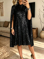 Women Silver Sequin Cape Sleeve Midi Dress Mock Neck Loose Evening Party Gown