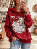 Women's Rhinestone Santa Print Drawstring Hoodie