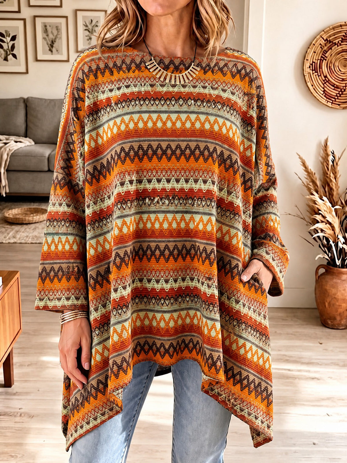 Women's Aztec Geometric Print Asymmetrical Poncho Sweater