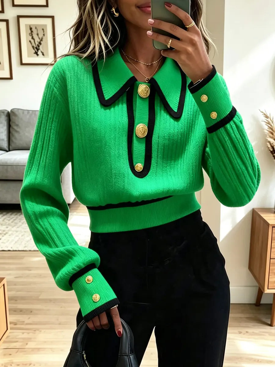 Vintage Chic Contrast Lapel Knit Art Casual Stylish Long Sleeve Sweater