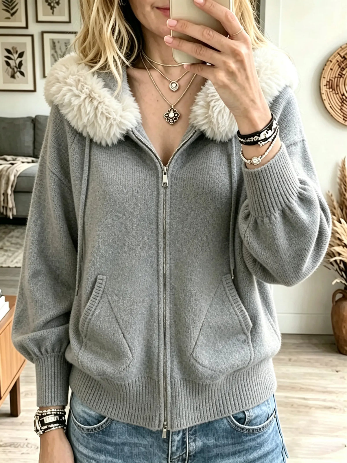 Women's Faux Fur Hooded Full-Zip Knit Cardigan