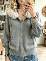 Women's Faux Fur Hooded Full-Zip Knit Cardigan