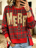 Women Christmas Plaid Glitter Letter Side‑Slit Long Sleeve Sweatshirt