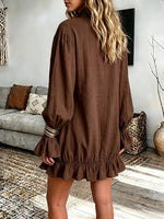 Vintage Elegant Zip-neck Stand-collar Ruffled Cotton-linen Blend Dress