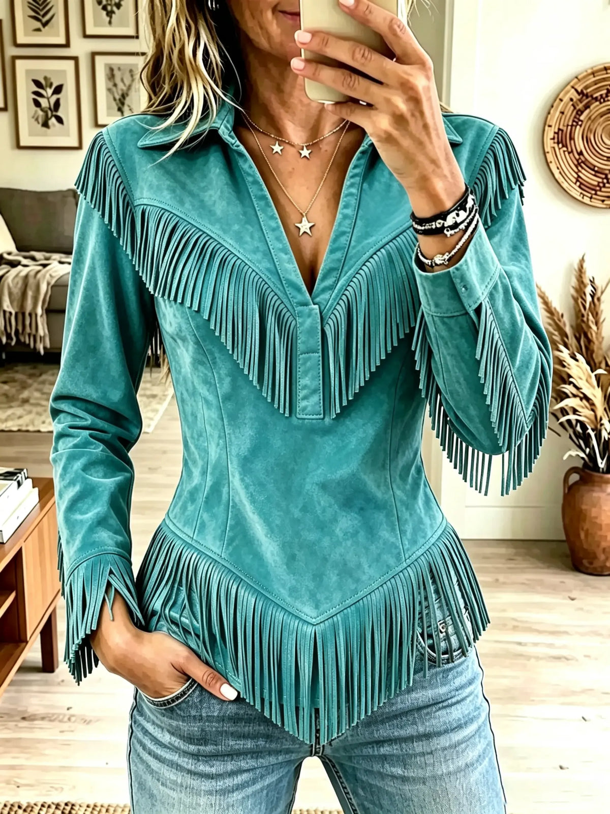 Women's Western Fringe Suede Pointed Hem Top