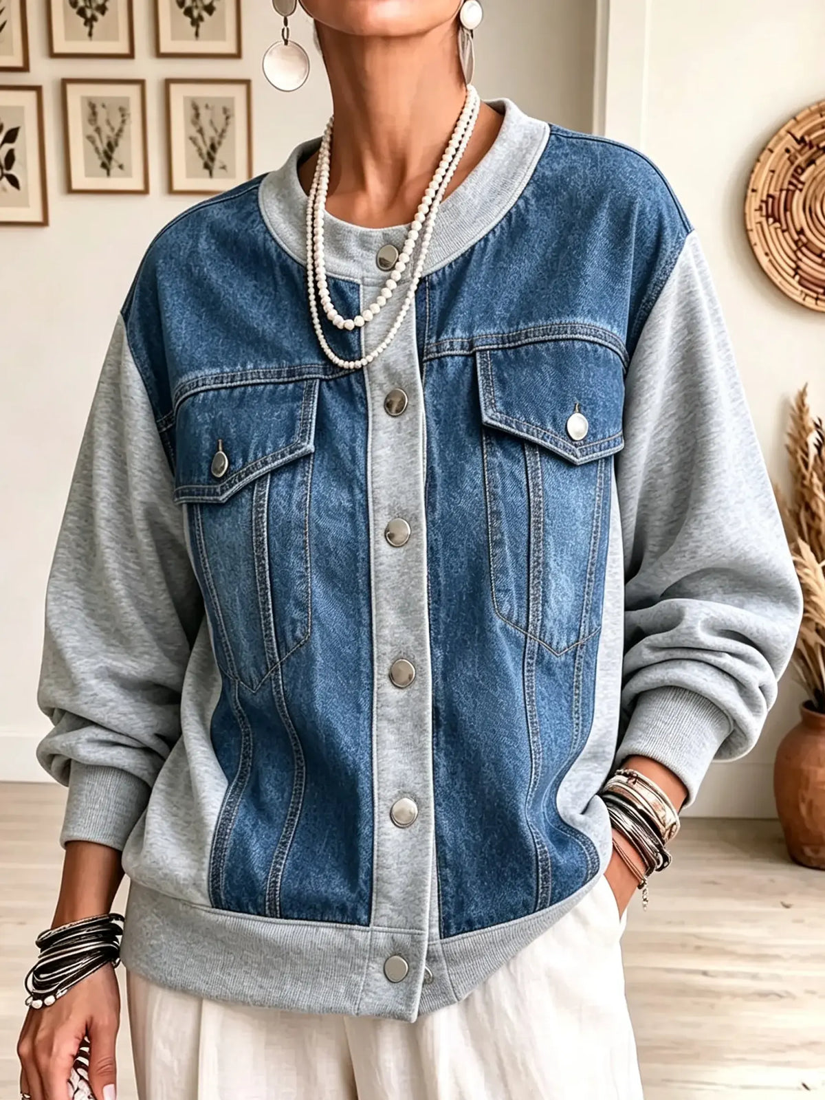 Women's Denim Patchwork Sweatshirt Jacket