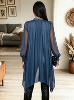 Women Blue Mock Neck Sheer Flowy Asymmetrical Chiffon Blouse