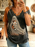 Women's Spooky Ghost Embracing Calico Cat Raglan T-Shirt