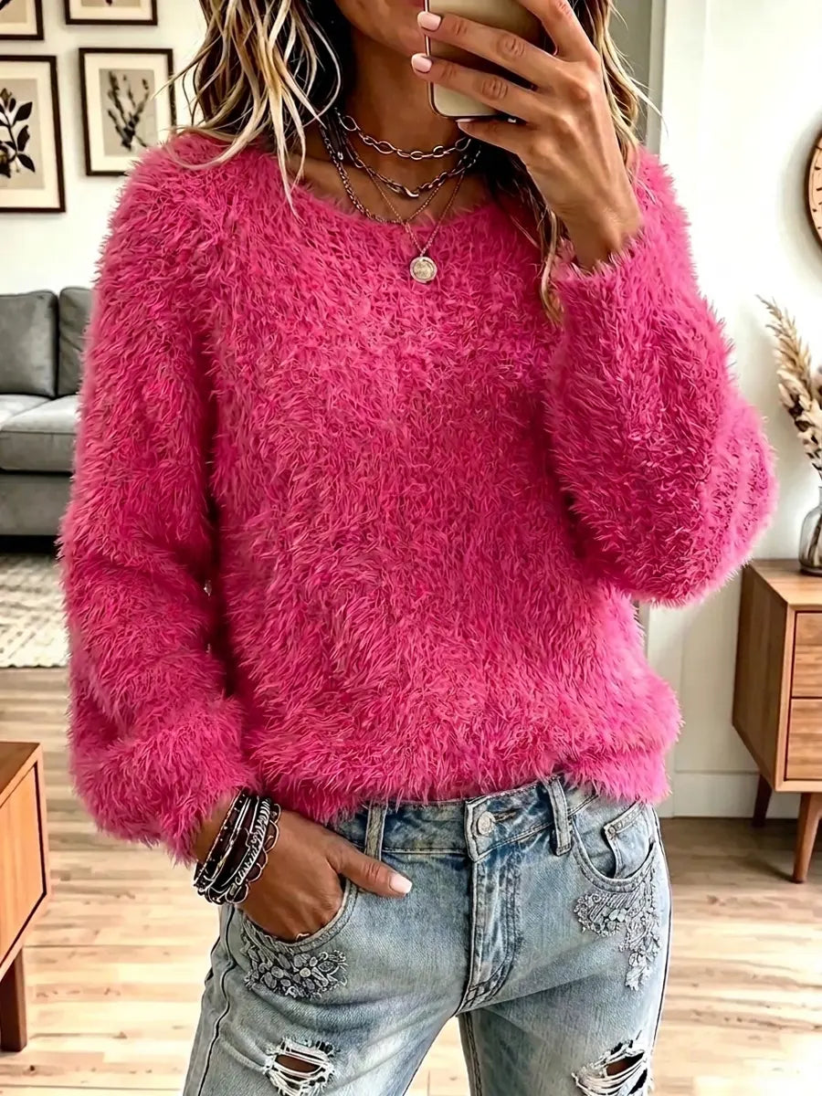 Vintage Chic Round Collar Fuzzy Art Casual Stylish Long Sleeve Top