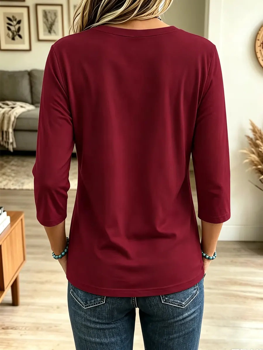 Solid Color Asymmetrical Hem Art Casual Stylish 3/4 Sleeve Cotton Shirt
