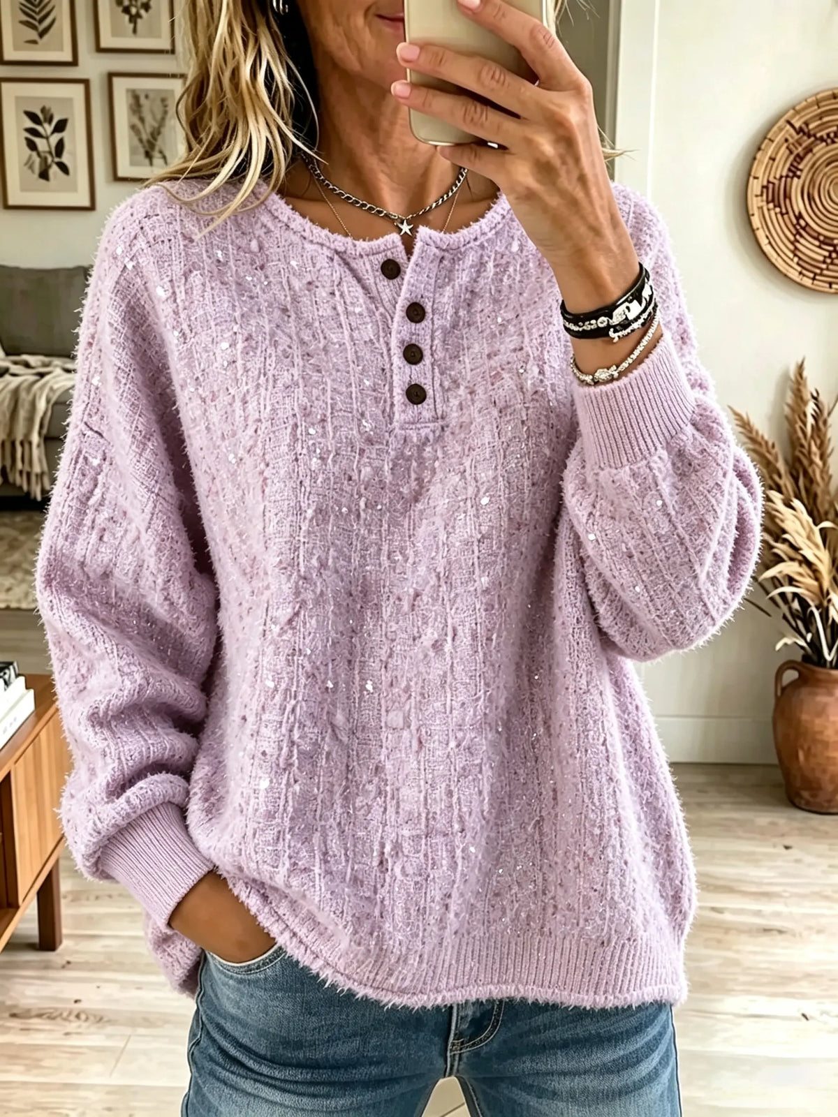 Women's Slub Knit Henley Pullover Sweater
