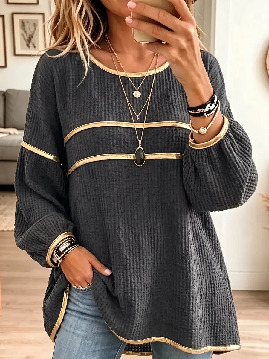 Women's Vintage Elegant Waffle Gold Trim Shirt