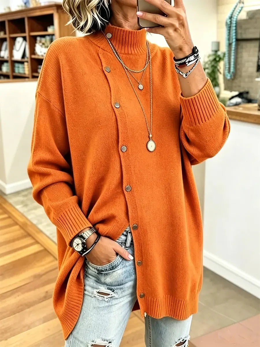 Cozy Turtleneck Knit Art Casual Button Stylish Long Sleeve Sweater Coat