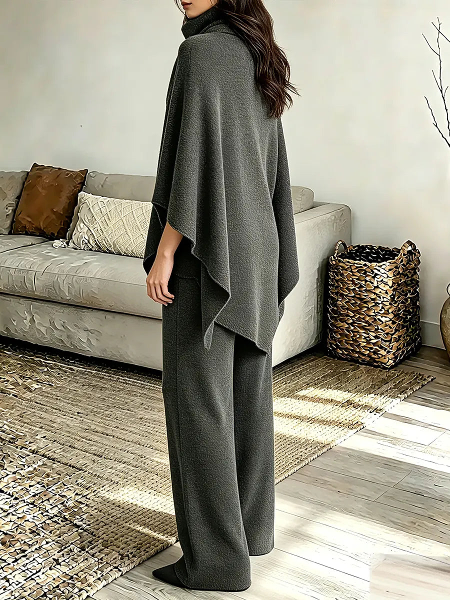 Vintage Elegant Fleece Turtleneck Cape And Cloak Two-piece Set With Wide-leg Pants