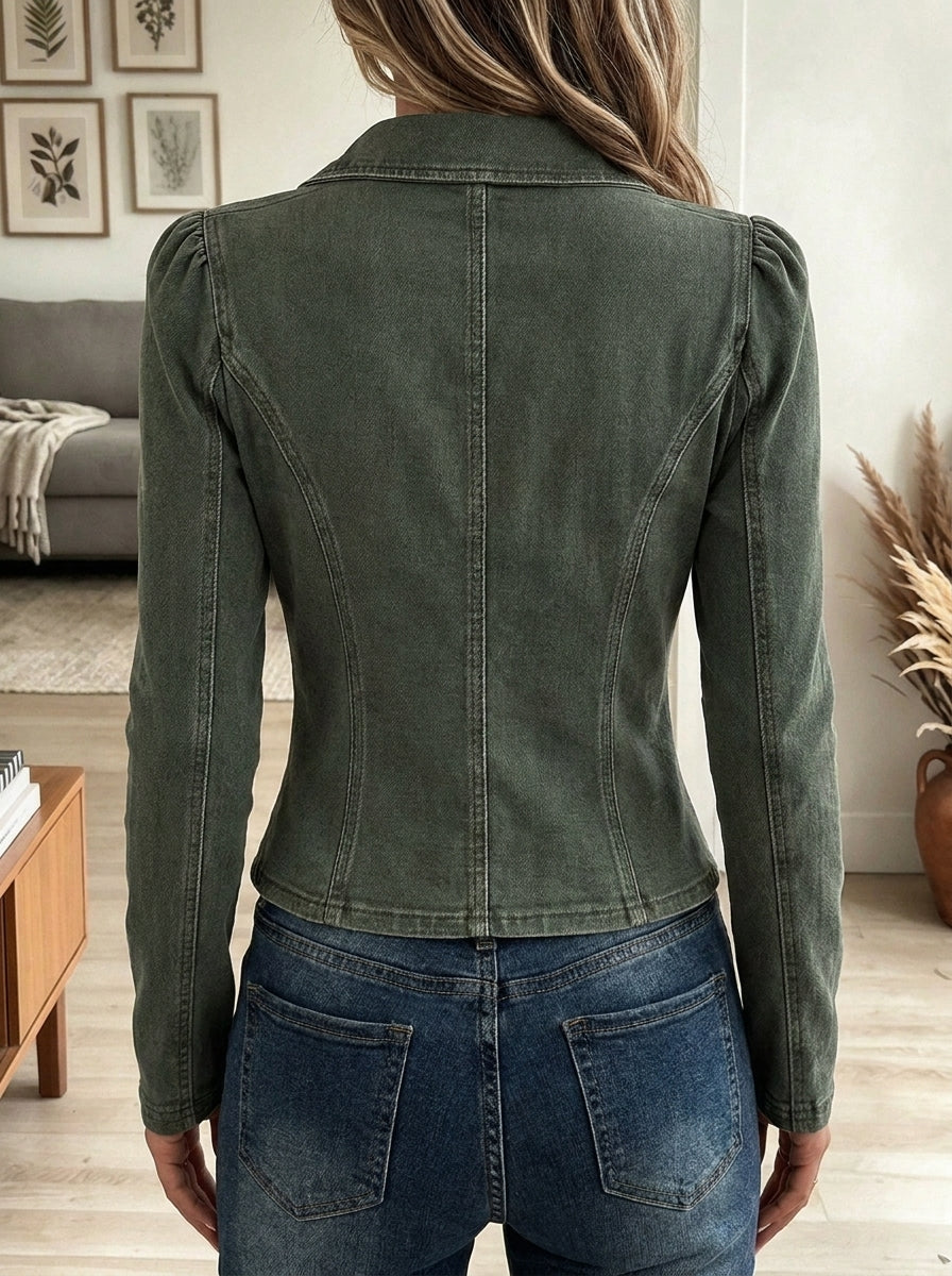 Women's Olive Green Vintage Stand Collar Knot Button Front Slim Fit Jacket