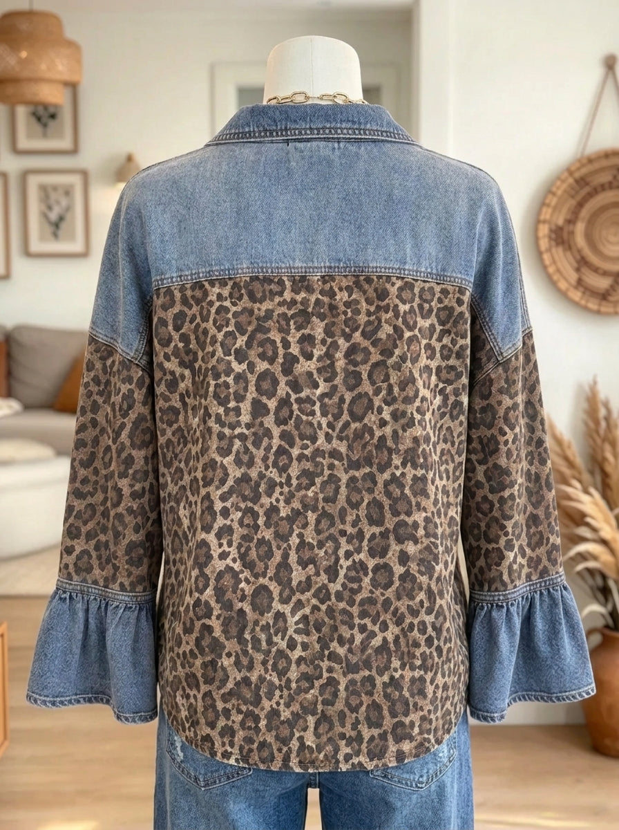 Women's Leopard Denim Patchwork Button-Down Shirt