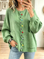 Women Green Wavy Trim Colorful Buttons Pocket Knit Cardigan